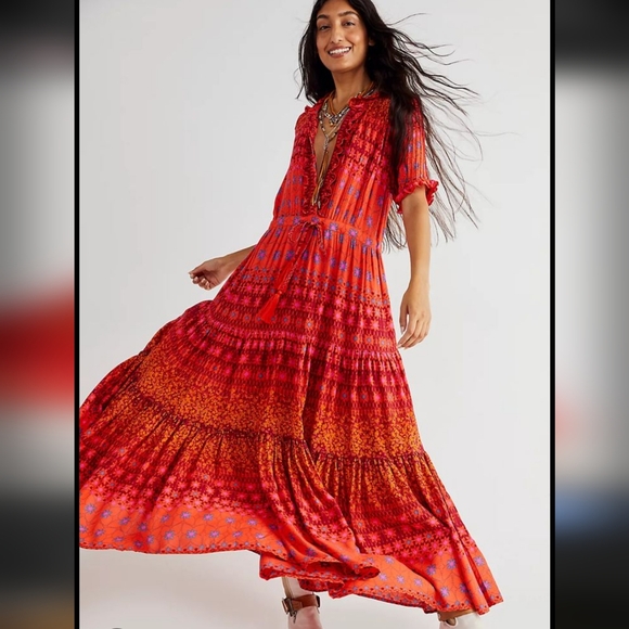 Free People Dresses & Skirts - Free People Red and Orange Maxi Dress Xs